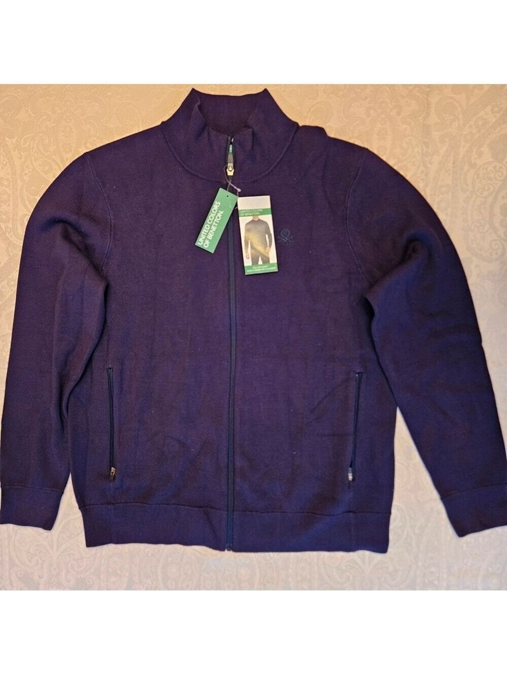 Size Small United Colors of Benetton Navy Blue Full-Zip Knit Sweater Jacket, NWT